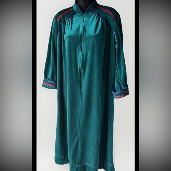 Vintage Velour Housecoat Anne Leslie Teal Half Zip Medium Grannycore Made In USA - Picture 1 of 8